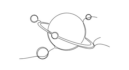Minimalist Saturn Ring Planet Drawing, Single Line Art, Cosmic Orbit © Hujan