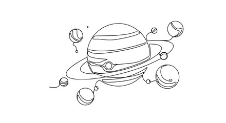 Minimalist Saturn Planet with Rings and Moons Line Art Illustration © Hujan