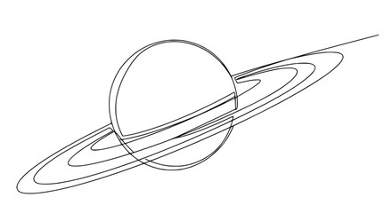 Saturn planet with rings illustration, continuous line drawing, simple black and white graphic © Hujan