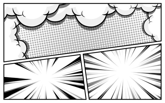 Black and white comic background with various pop art shapes. Rays, radial, halftone, and dot effects. Vector illustration.