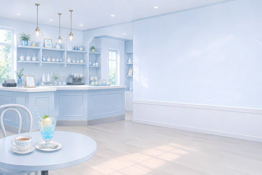 Blue cafe interior with dessert and large copy space background (AI generated)｜青いカフェ店内とデザートの大きな余白背景素材（生成AI）