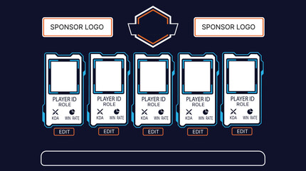 Futuristic e sport team roster graphic for a major Sport Tournament, managing player data on a dynamic digital interface. © sorariku