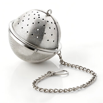 Stainless Steel Tea Infuser, Metal Ball Strainer, Chain Handle, Silver Tea Steeper isolated on White Background