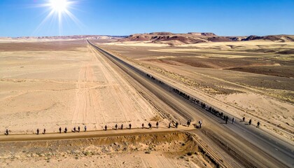 Long line of refugees walking dusty desert road