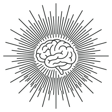Human Brain Profile Icon Radiating Sunburst Rays Exploding with Creative Ideas Innovation Mindfulness and Psychological Enlightenment