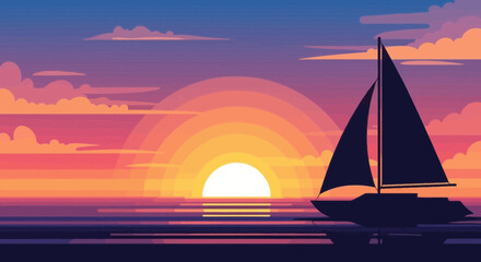 Naklejka premium Pixel Art Sailboat on Ocean at Sunset