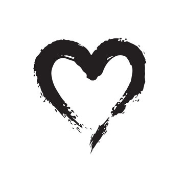 Hand-Drawn Black Ink Heart Symbol with Grungy Brush Stroke Texture on White Background