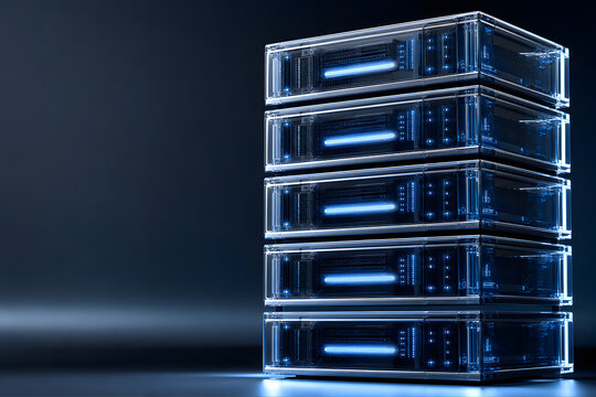 stacked translucent server units pulsing with synchronized light pulses, dramatic rim light, no people visible, copy space, rendered in hy