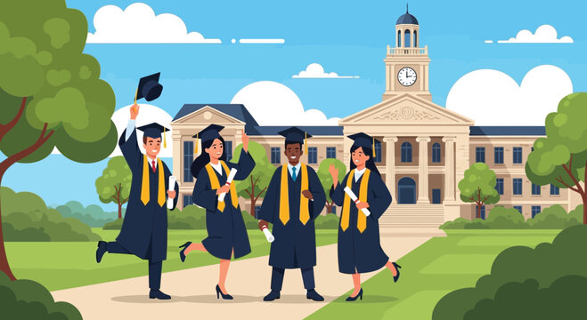 Graduation Day Celebration: Diverse Students in Caps and Gowns with Diplomas on Campus