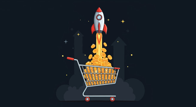 Rocket Shopping Cart Launching Gold Coins.