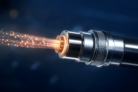 a chrome connector with glowing data thread emerging from the tip, dramatic side light, no people visible, copy space, rendered in hyper-r