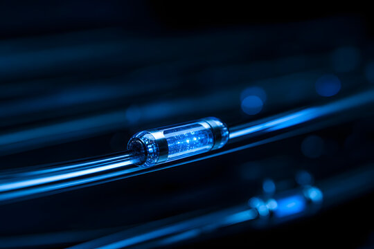a single packet rendered as a tiny luminous capsule riding a wire, deep blue cyber lighting, no people visible, copy space, rendered in hy