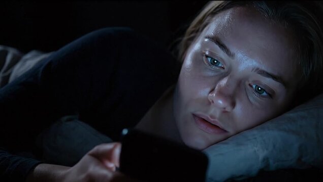 A young woman lying in bed at night, her face illuminated by the bright screen of her smartphone.