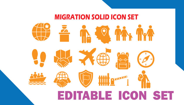 Migration solid icon set vector with migration immigration suitcase airplane backpack footprints document transport emigration citizenship movement destination passport relocation