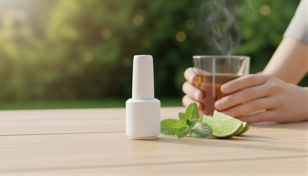 Minimalist nail lacquer bottle on rustic wooden patio with lime accents