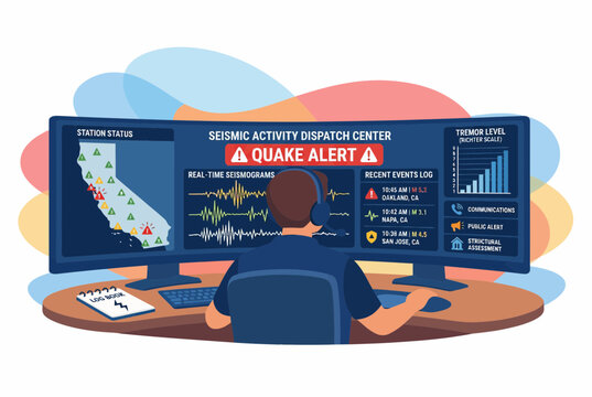 Emergency Dispatcher Monitoring Earthquake Data on Ultra Wide Screen