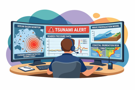 Tsunami Alert Emergency Dispatcher Monitoring Coastal Risks