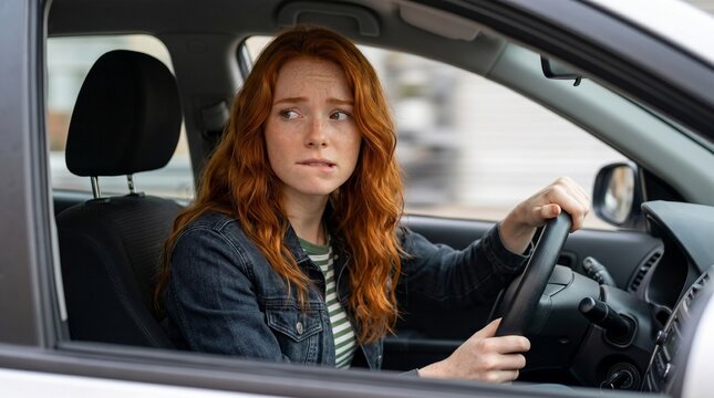 A nervous redhead bites her lip while gripping the steering wheel, her eyes darting sideways with visible anxiety. The air feels tense, capturing a moment of raw, uncertain dread.