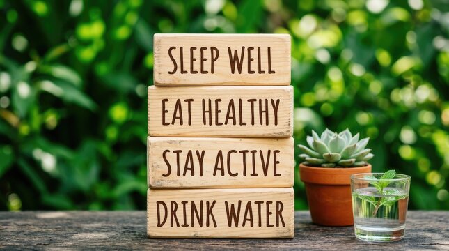 A wooden stack of blocks displays motivational messages: "Sleep Well", "Eat Healthy", "Stay Active", "Drink Water". The blocks are set against a blurred green background of foliage.