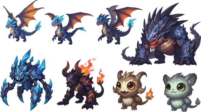 Fantasy monster character set, mythical dragon and elemental creature vector collection, RPG game beast sprites with fire and ice themes