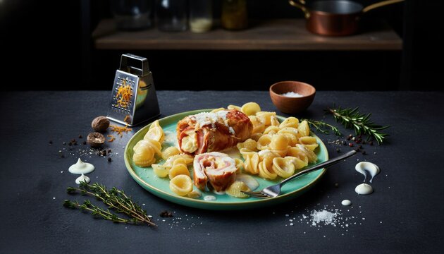 Moody gourmet chicken involtini and pasta on dark slate.