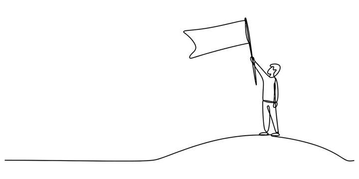 A single continuous line drawing of a person standing on top of a hill holding a blank flag representing success and victory in a minimalist style Vector, illustration