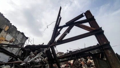 Fototapeta premium Twisted Metal Supports of Collapsed Building