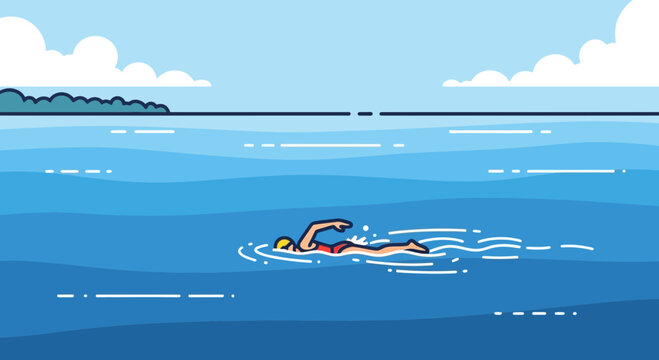 Man swimming freestyle in open water, sunny day, blue ocean, distant shoreline