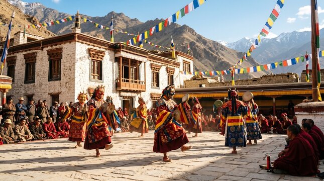 Masked dancers in elaborate traditional costumes perform ritual Cham dance at Hemis Festival in Ladakh, India, with Buddhist monks, spectators, colorful Tibetan prayer flags, and dramatic Himalayan mo