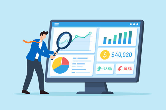Flat illustration of businessman using magnifying glass to analyze financial dashboard with charts graphs and business metrics representing data analysis and strategic decision making