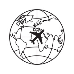 Global Aviation and Air Travel Icon Featuring Plane Silhouette Flying Above Earth Globe Map Grid Outline Concept for International Flight Routes ©  Yassine DS