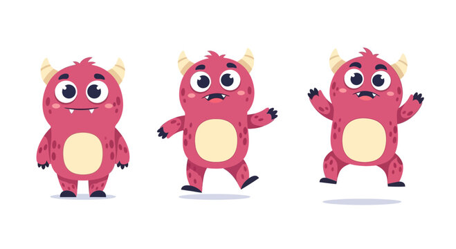 Cute Pink Monsters Dancing and Jumping, Funny Characters Set