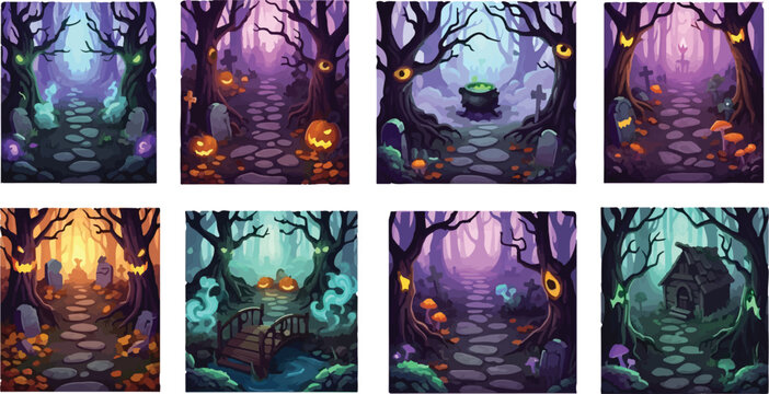 Spooky Halloween forest backgrounds, set of 8 mystical woods vector illustrations, haunted graveyard and enchanted path scenes for game design