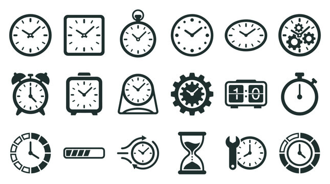 Set of Flat Black Clocks and Time Management Web Icons Featuring Hourglass Stopwatch and Digital Display