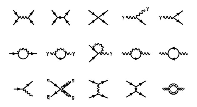 Feynman diagrams collection for quantum physics, set of 15 scientific particle interaction icons, black vector line art for education