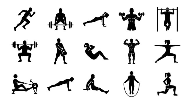 Fitness workout icons set, 15 gym exercise silhouettes, black vector pictograms of people training, bodybuilding and cardio symbols for sports apps