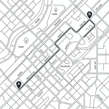 City Map Vector Outline Graphic with Navigation Route Pin Marker Location Design Layout From Point A to B