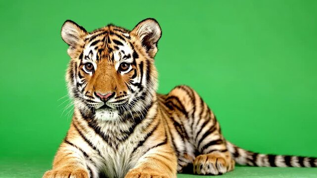 Tiger Resting on Green Screen Background in 4K