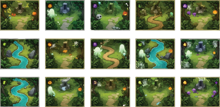 Fantasy forest game map tiles, 15 isometric woodland environment levels, spooky enchanted jungle backgrounds with ghosts and rivers for RPG UI
