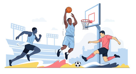 Diverse Athletes Competing: Basketball Dunk, Sprint Race, Soccer Kick © Diran