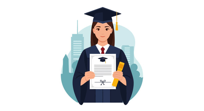 Young woman graduate holding diploma and certificate in cap and gown, cityscape background