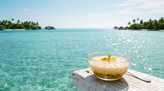 Exotic tapioca pudding dessert with passion fruit and mint, enjoyed on a wooden dock above a stunning tropical ocean