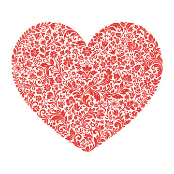 Detailed Red Heart Silhouette Filled with White Floral Vines and Khokhloma Inspired Ornaments for Folk Art Crafts and Romantic Invitations