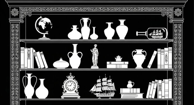 Antique bookshelf filled with decorative objects and books.