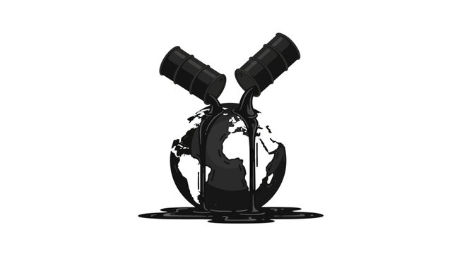 Two oil barrels pouring black crude oil directly onto an Earth globe, forming a central pool of pollution on an isolated white background, symbolizing direct environmental impact.