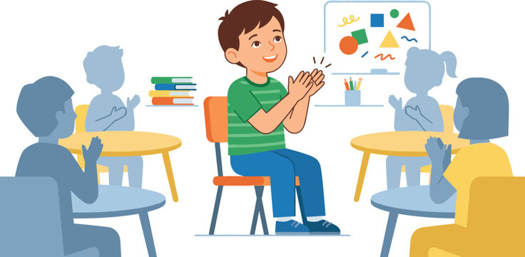 Happy young student boy clapping hands in classroom with classmates celebrating success and positive peer reinforcement during primary school lesson.