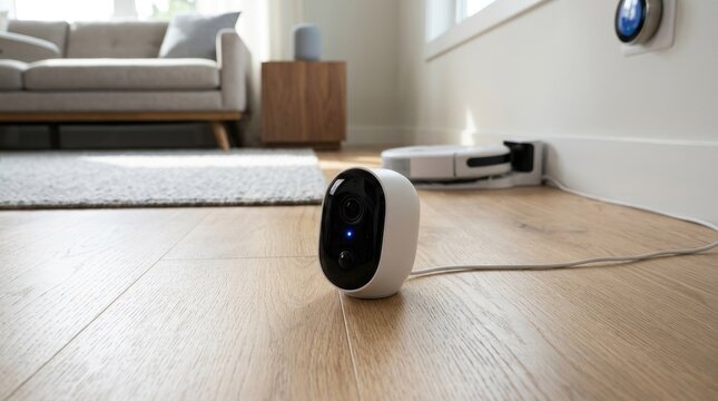 A white and gray wireless security camera sits on a wooden floor in a living room. The camera is positioned near a wall with a white baseboard and a wall-mounted thermostat.