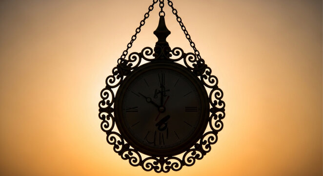 Antique ornate clock face hanging from chains against a sunset sky.