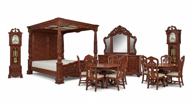 Antique wooden furniture collection with canopy bed and grandfather clocks.