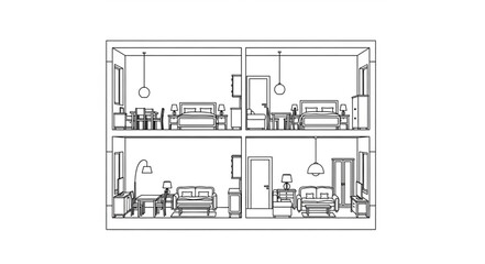 Fototapeta premium Architectural drawing of a two-story house interior layout.